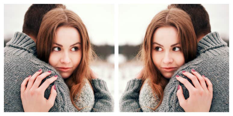 How assumptions harm relationships doubled image of a couple, woman looking over man's shoulder in a devious way