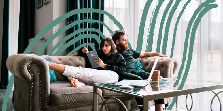 Couple on couch parallel playing 