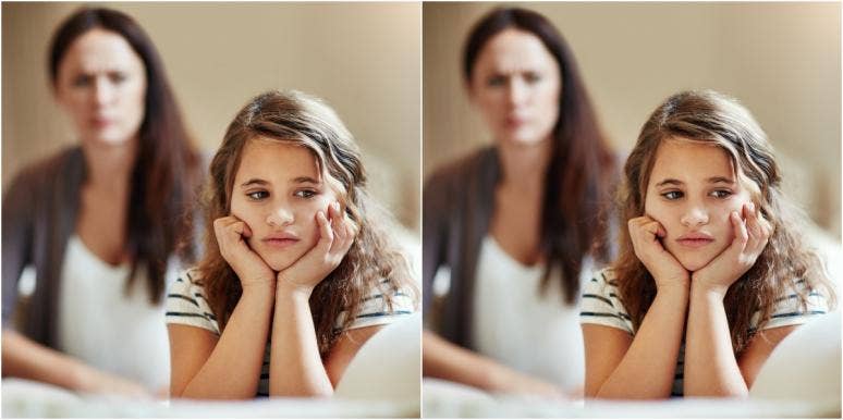 awkward kid sad little girl with mom behind her