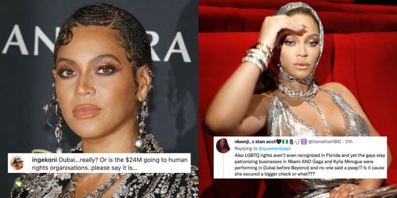 Is The Criticism Over Beyoncé's $20M Dubai Performance Fair? Photographs of Beyonce with screenshots of tweets debating the morals of her Dubai performance
