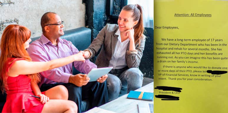 CEO Requests Staff 'Donate' Their PTO Days To Employee Of 17 Years Staff in an office, letter from CEO