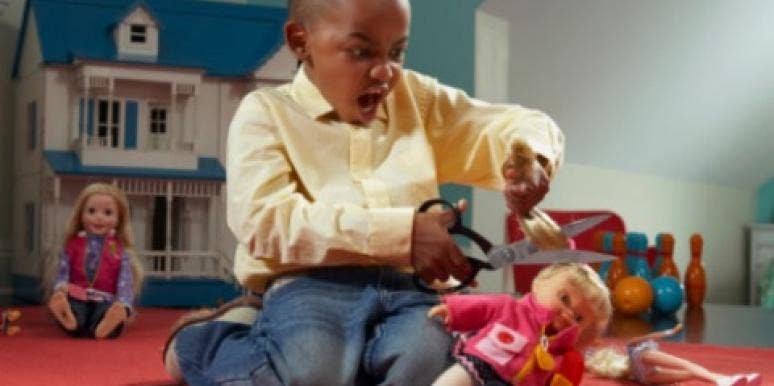 brat boy breaking Barbie kid boy doll cut hair dollhouse playroom angry tantrum