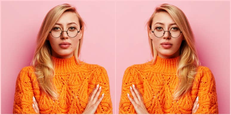 doubled image of blonde woman with glasses, arms crossed, against a pink wall