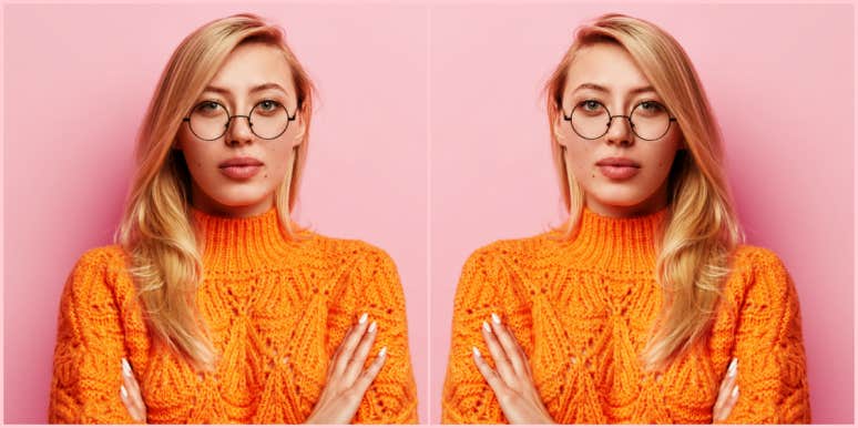 Facts about breast implants doubled image of blonde woman with glasses, arms crossed, against a pink wall