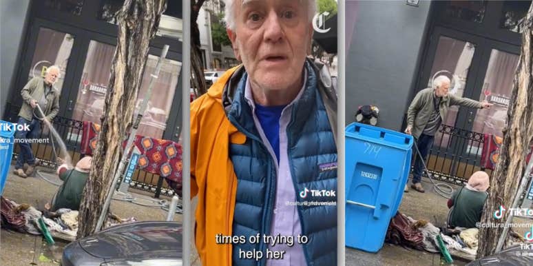 Business Owner Sprays Homeless Woman With Hose & Backlash Ensues Man spraying homeless woman with hose