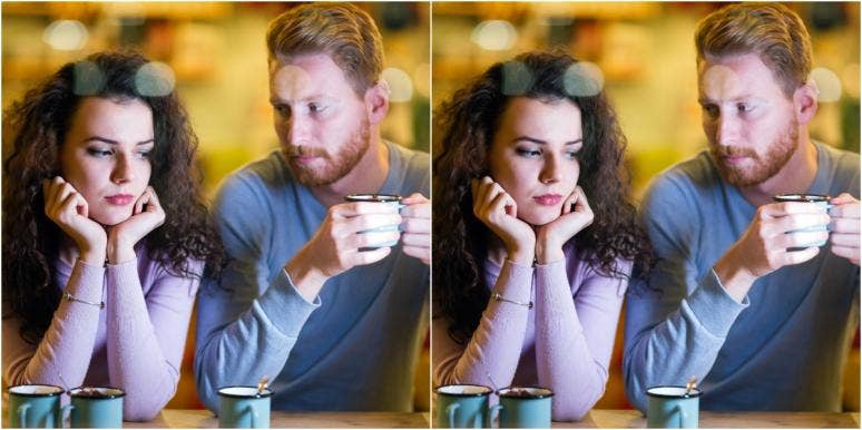 whose fault is it for cheating? mirror image of man and woman at cafe