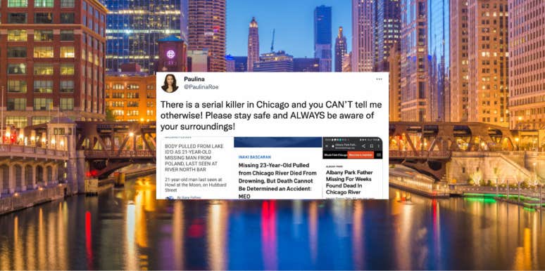 Chicago River skyline with tweet from @PaulinaRoe sharing fears of a serial killer and murder headlines