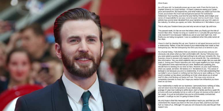 Chris Evans Fans Pen Damning Letter About His 'Betrayal' Sparking Debate About Parasocial Relationship With Celebrities Chris Evans, fan letter