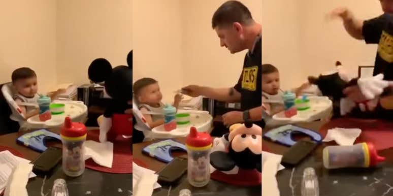 Father Scares Baby Into Eating After He Refuses By Hitting Nearby Mickey Mouse Doll Dad feeding baby