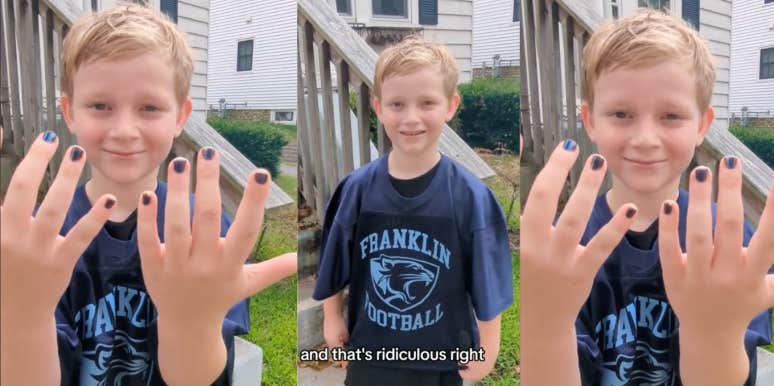 young boy wearing a football jersey and nail polish 