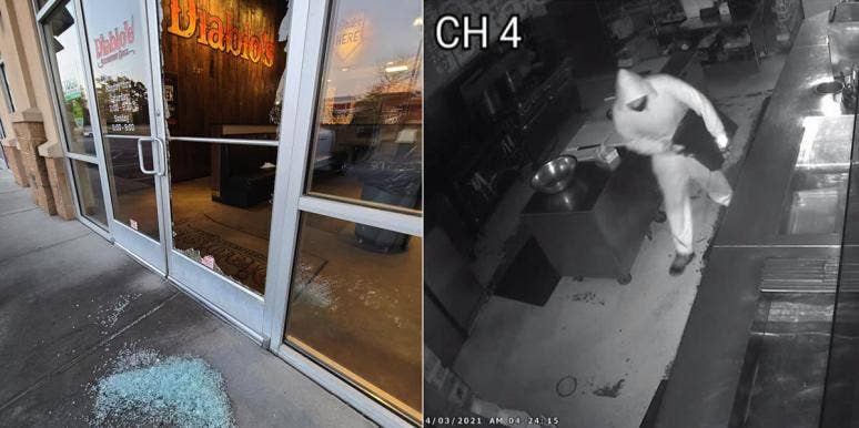The front door of Diablo's Southwest Grill and the suspect leaving with the cash register. The front door of Diablo's Southwest Grill and the suspect leaving with the cash register.