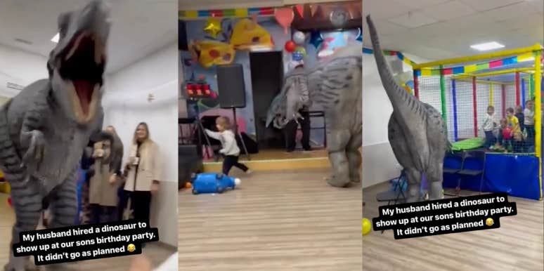 Dad's Dinosaur Surprise At Son's Birthday Party Backfires Screenshots from video of dinosaur terrorizing kids at the birthday party
