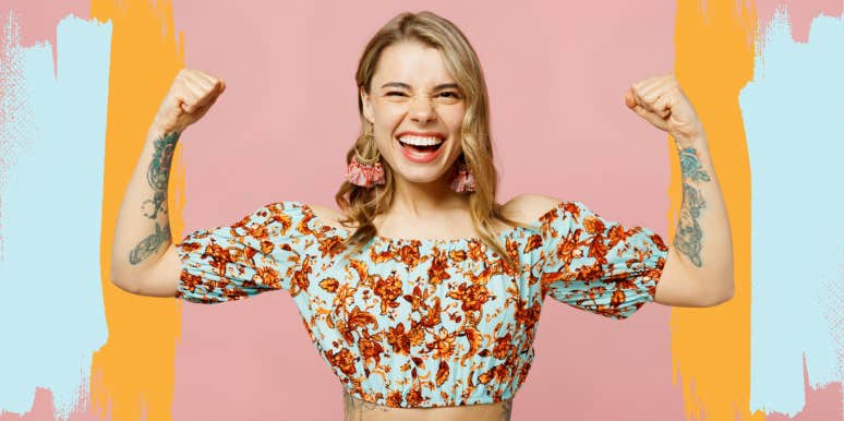 Woman smiling and strongly enforcing boundaries on a bright background
