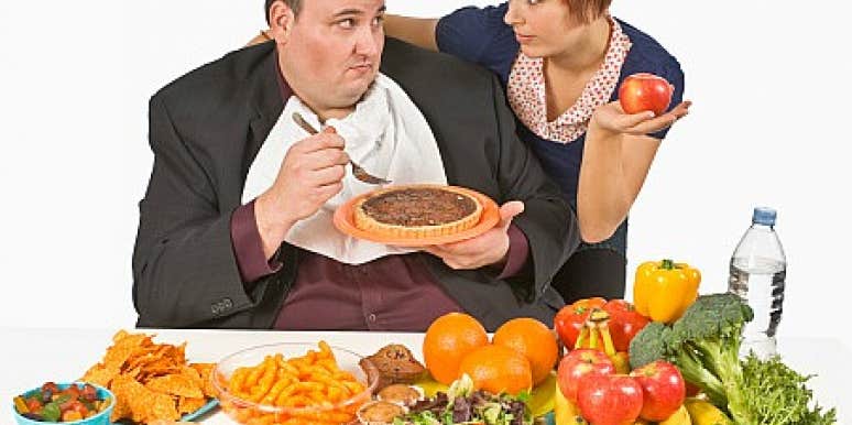 Fat man chooses unhealthy food