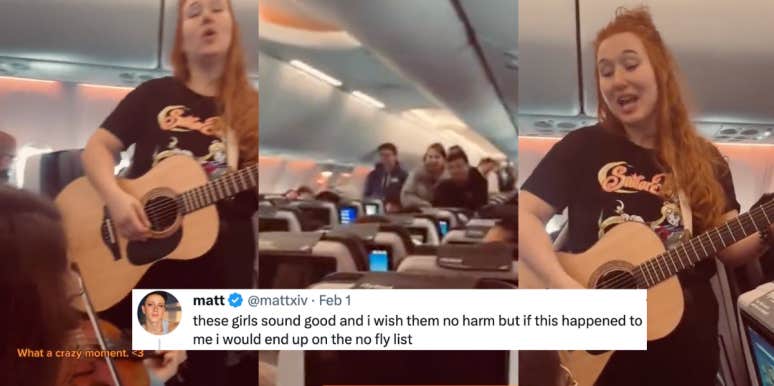 Folk Band Gives Unwanted Plane Concert During 10-Hour Delay Jessica Pearson and the East Wind playing on plane with tweet from @mattxiv