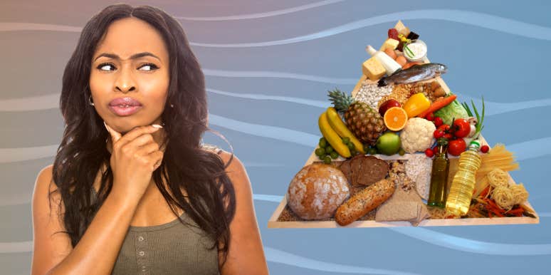 Is The Food Pyramid Wrong? Why Corporations Purposely Misled Consumers woman sideeyeing the food pyramid
