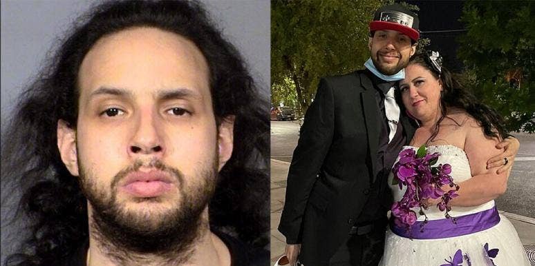 A Woman In Las Vegas Defends Her New Husband Who Allegedly Raped Another Woman On Their Wedding Day Omar Delaney's mugshot and his wife standing with him on their wedding day.