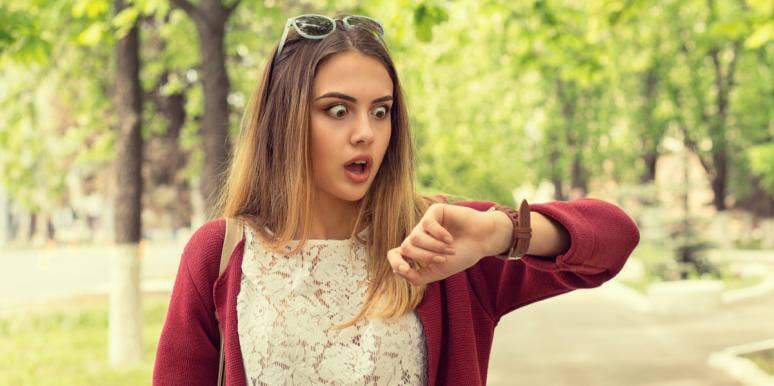 Dear Habitually Late People: You're Rude And Selfish — Period woman running late looking at watch
