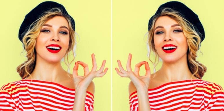 20 Best Hand Sanitizers For Sensitive Skin That Won't Irritate Or Burn woman making ok sign with hand red striped shirt