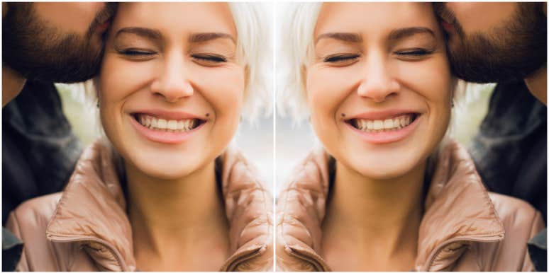 Popular marriage advice that leads to cheating and divorce doubled image of a blonde woman smiling while being kissed on the cheek