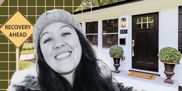 Woman in recovery in front of her home smiling proudly