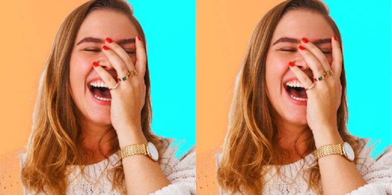 woman laughing with hand on her face