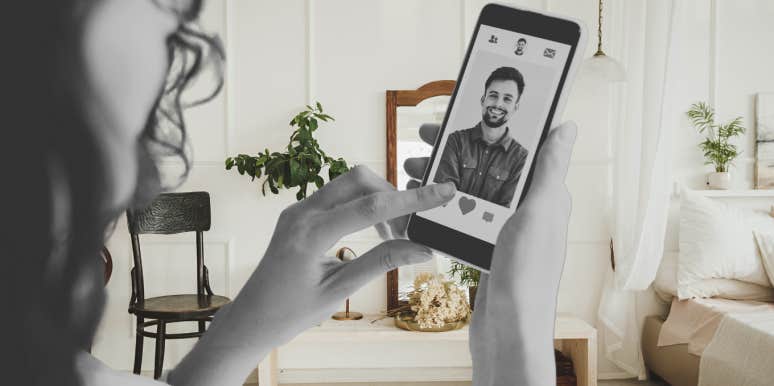 woman on dating app in her home