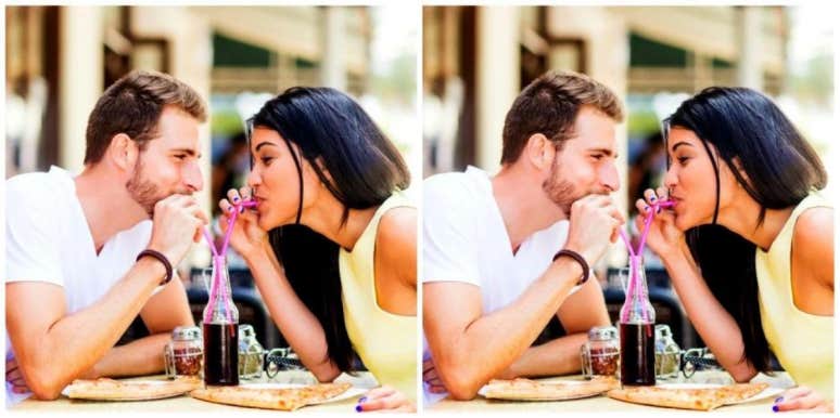 man and woman sharing a soda on a date