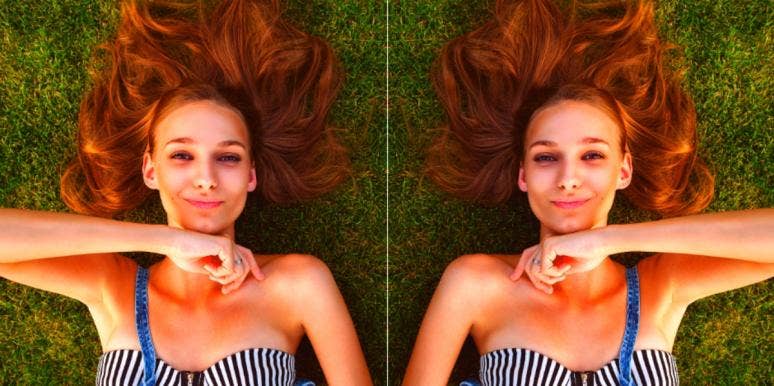 mirror image of woman lying on the grass
