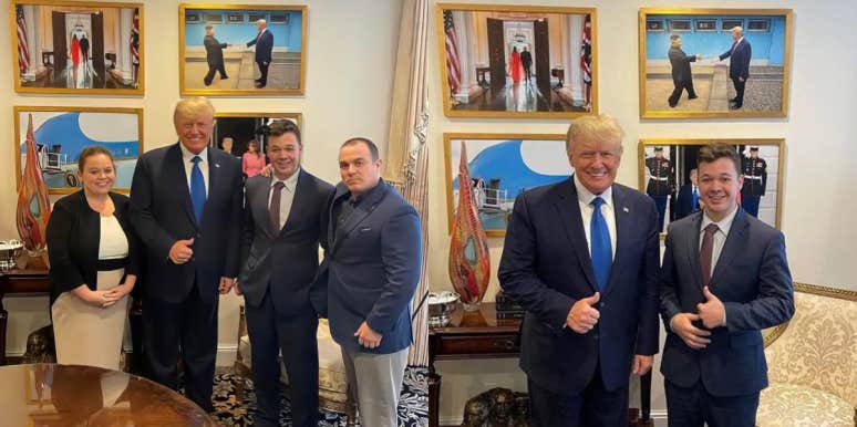 Kyle Rittenhouse visiting Donald Trump with Kim Jong-un portrait behind them