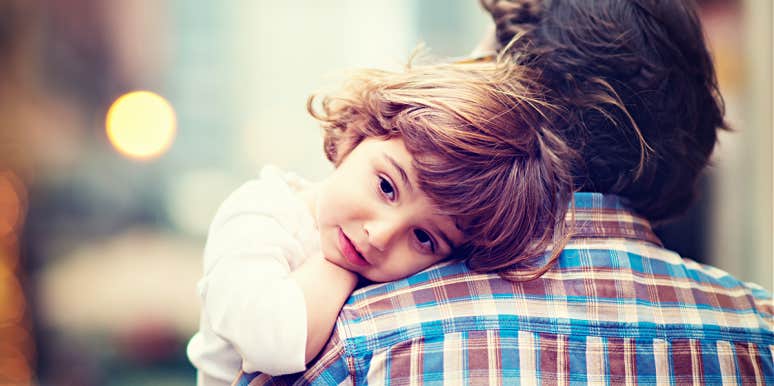 Forgive cruel words little girl cuddles her dad