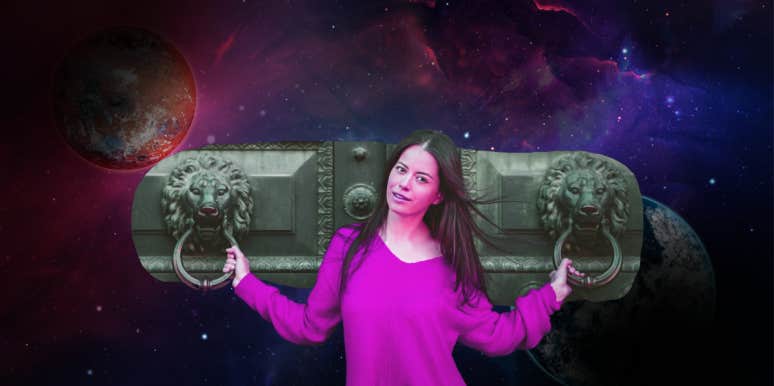 Lion's Gate Portal Opening 2022: 8/8 Meaning & Manifestation Rituals woman holding onto lion's gate portal opening in front of outer space background