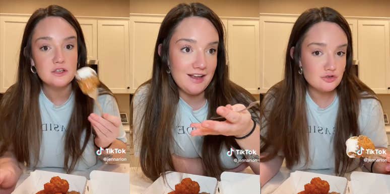 TikTok Explains Why Former Server tipped so Low at Buffalo Wild Wings Three side-by-side screenshots of Jenna Rion's TikTok, showing her speaking as she eats leftover chicken wings with a fork.