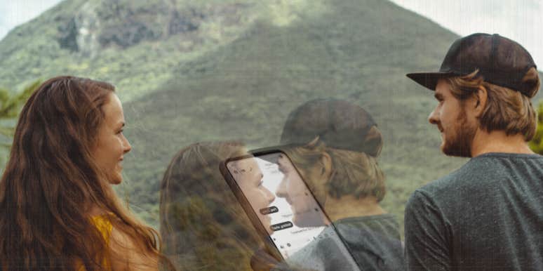 Man looking into woman's eyes, texting her back immediately
