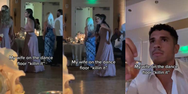 TikToker Posted Mocking Video Of Wife At Wedding After Refusing To Dance With Her wife dancing at wedding, man drinking champagne