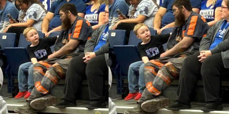 Miner Drops Everything To Take His Son To Basketball Game Man and son sitting