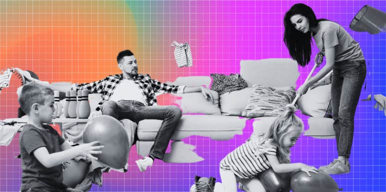 Woman cleaning while man sits down