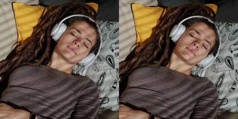 woman listening to meditation podcast woman listening to meditation podcast