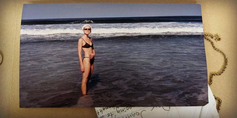 nostalgic collection of love letter, necklace and an old photograph of Joanna Schroeder in a swimsuit on a Florida beach