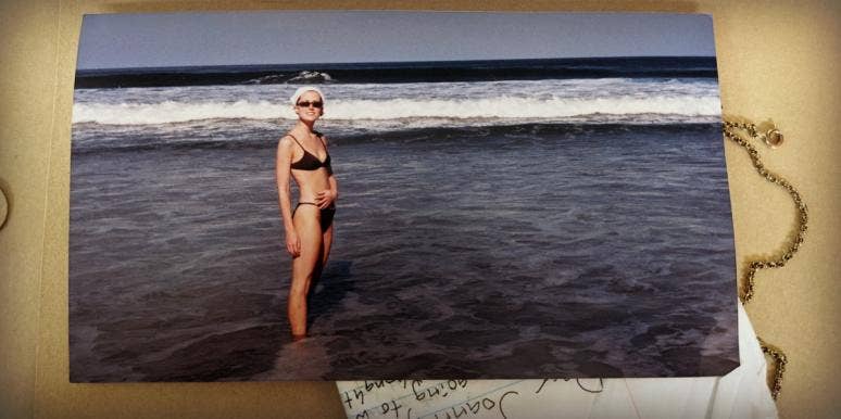 What A Midlife Crisis Looks Like For Generation X's Wild Girls nostalgic collection of love letter, necklace and an old photograph of Joanna Schroeder in a swimsuit on a Florida beach