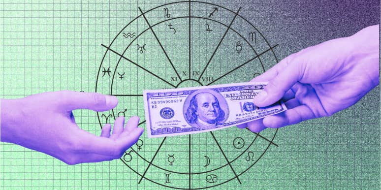 TK Common Millionaire Aspects In The Natal Chart hands touching a 100 dollar bill, astrology house wheel