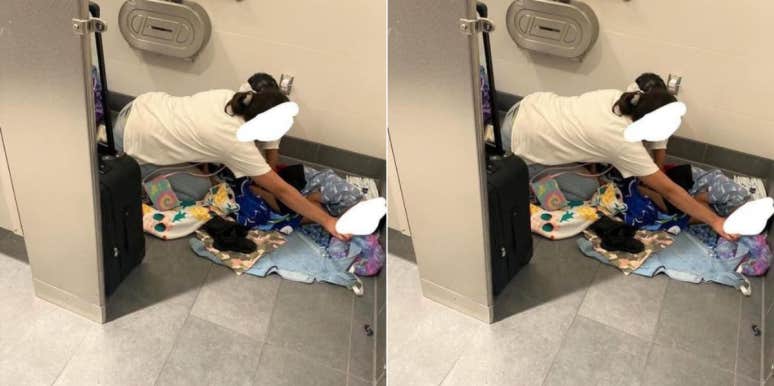 Woman Steps In After Finding Mom & Kids Sleeping On Airport Floor While Struggling To Get Home Mom and kids on bathroom floor