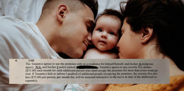 parents lying on bed with their newborn baby, lease agreement