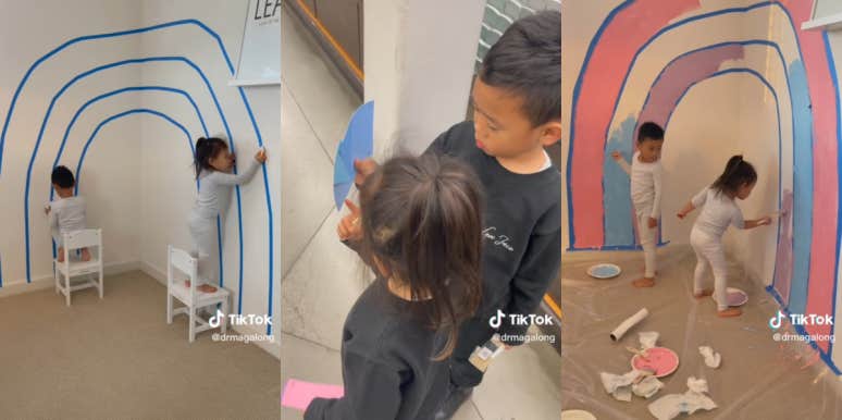 Mom Covers Her Daughter's Rainbow Wall Paint Because She Doesn't 'Believe' In It Kids painting room pink blue and purple