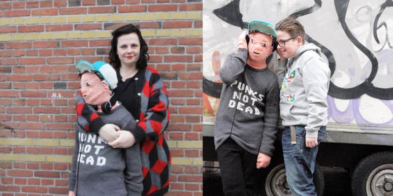 Marieke Voorsluijs, knitted version of her son and real son