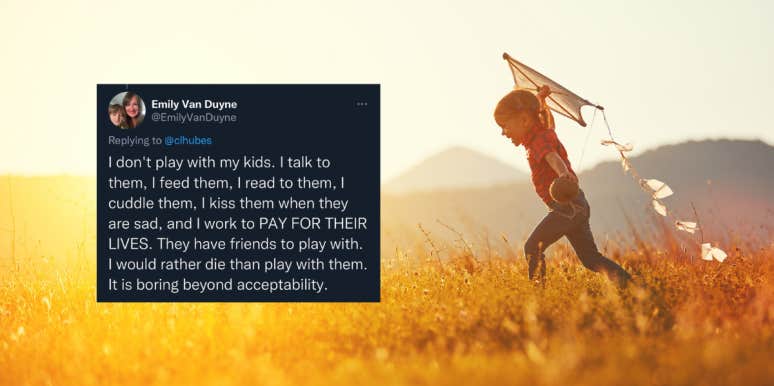 Mom Says She'd 'Rather Die' Than Play With Her Kids A child flying a kite in a meadow beside a screenshot of Emily Van Duyne's tweet about not wanting to play with her kids