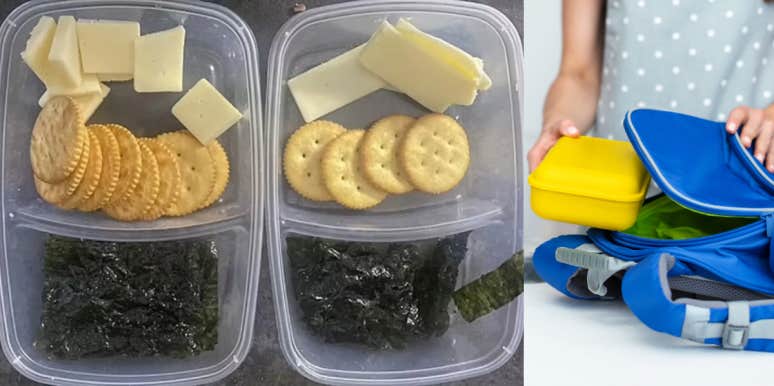 Mom Shamed After Sharing Photos Of Lunches She Made For Her Children photo of lunches, seaweed, crackers, cheese, mom putting yellow plastic lunch box in child's backpack