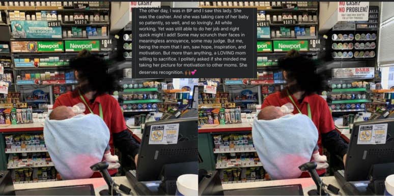 Mom working at register while holding baby