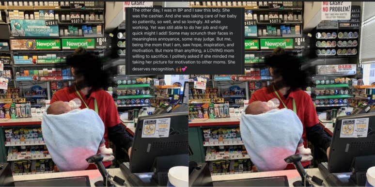 Photo Of Mom Working At Cash Register While Holding Baby Divides Social Media Users Mom working at register while holding baby