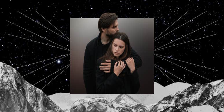 Moon Conjunct Lilith Synastry couple embracing, mountain range